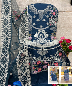 Traje de adulto semicosido de estilo pakistaní de algodón Cambric para mujer, trabajo de bordado pesado, tradicional Salwar Kameez de secado rápido - Product Image 1