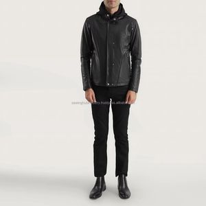 Fashionable Trend High-quality <b>Slim</b>-<b>fit</b> Zip Fastening <b>Jacket</b> Attractive Striped Black Full-grain Leather <b>Jacket</b> for Men - Product Image 2