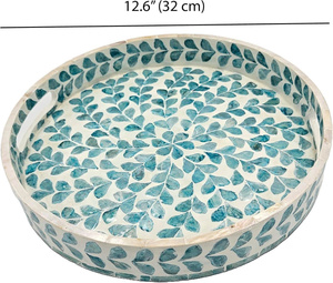 Plateau de service rond en nacre de 12,6 cm avec poignées, plateau décoratif en bois de nacre pour table basse, motif floral turquoise - Product Image 5