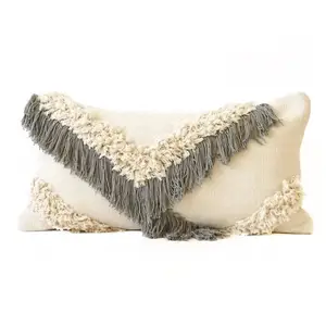 Housse de coussin 100% coton de luxe avec pompons oreiller décoratif tissé à la main boho tufté rayures rayures à carreaux