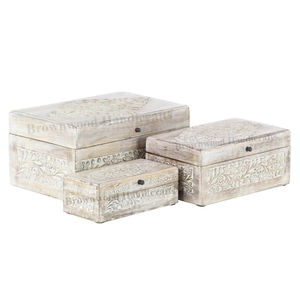 Boîte de rangement en bois de manguier sculpté à la main d'excellente qualité, couleur blanche brûlée, design élégant, lot de 3 à bon prix - Product Image 1