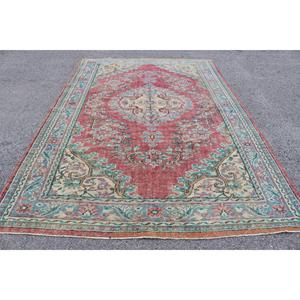 Tapis turc, tapis vintage 7x10,3 pieds, tapis en laine rouge et bleu uni - Product Image 1