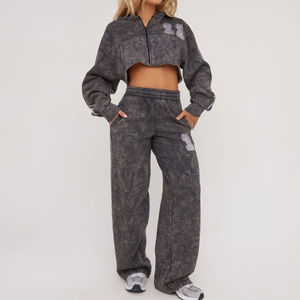 ชุดวอร์มผ้าฟลีซคอตตอนฟอกสีสำหรับผู้หญิง แบบครอป ระบายอากาศได้ดี ขายส่ง - Product Image 4