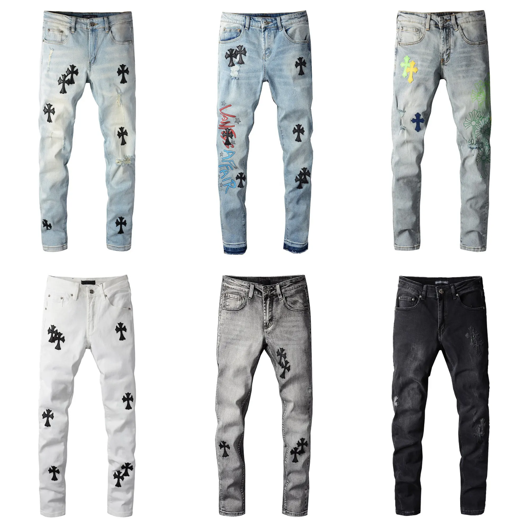 Dropshipping Wholesale Cross Pacthed Chrome Patched Slim Fit Designer Men Denim Jeans