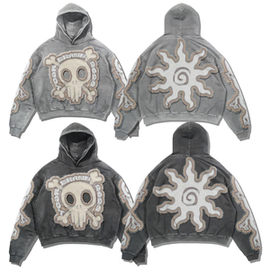 Sweat à capuche court personnalisé avec logo tendance hip-hop vintage en chenille délavée et broderie appliquée - Product Image 1