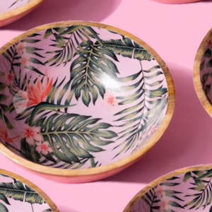 Tazón Redondo para Servir de Madera de Acacia Ecológica con Interior Esmaltado Pintado a Mano, Apto para Lavavajillas y Ligero para la Cena en Casa - Product Image 1