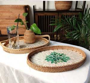 Bandeja de mimbre redonda para servir con nácar, bandeja de dulces decorativa, cesta de comida de mimbre hecha por vietnamita FBA Amazon - Product Image 6