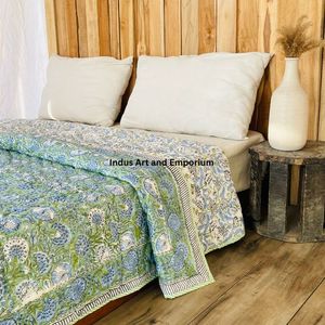 Cotton Soft Pink & Green Printed Hand Block Print Boho Jaipuri Rajai <b>Double</b> <b>Bedspread</b> Quilt - Product Image 5