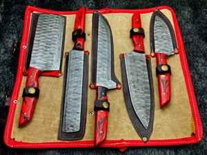 Juego de cuchillos de chef con mango de madera roja Damazcus de 5 piezas - Product Image 2