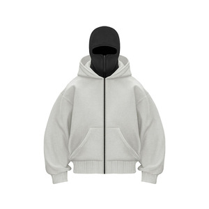 Sudadera con capucha tipo balaclava ninja para hombre, diseño más reciente 2026, 100% algodón, con cremallera, forro polar de 450 g/m², lavado a la piedra, bordado, OEM - Product Image 1