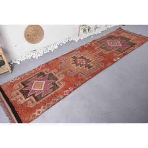 Turkish Herki Rug 2.7x10.4 ft, <b>Red</b> Brown Animal Print <b>Wool</b> Vintage Rug - Product Image 1