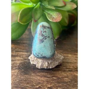 Leslie Nez Kingman Fine Jewelry <b>Dainty</b> Platinum <b>Ring</b> Smooth Cut Turquoise Sterling Silver Rectangle Shape Size 7.5 Everyday Wear - Product Image 1