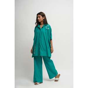 Ensemble coordonné pour femme, style gothique, floral, paisley, vert, coton, chemise brodée surdimensionnée, pantalon droit, vêtements décontractés pour se détendre - Product Image 2