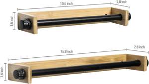 Accesorios de barra de toalla de baño de tubo de Metal industrial con respaldo de montaje en pared de bambú natural, colgador de toallas de mano y baño de 2 piezas - Product Image 6