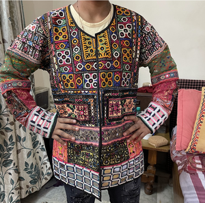 Vintage Antique Fabric Crop <b>Top</b> Banjara Jacket Hand Embroidery Mirror Work Banjara <b>Patchwork</b> Tribal Jacket - Product Image 1