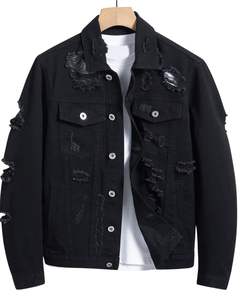 <b>Mens</b> <b>Black</b> Distressed <b>Denim</b> <b>Jacket</b> Ripped Washed Button Front Casual Streetwear Trucker Jean <b>Jacket</b> For <b>Men</b> - Product Image 1
