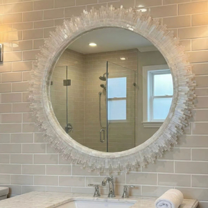 Espejo Redondo Moderno Personalizable de Cristal Hecho a Mano con Marco de Madera - Montable en Pared para Decoración de Bodas, Ramadán, Pascua y Baños - Product Image 1