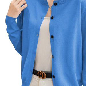 Women Solid Blue Knit <b>Cardigan</b> <b>Sweater</b> Long Sleeve Button Front Round Neck Casual Simple Spring Fashion Top Office Daily Wear - Product Image 6