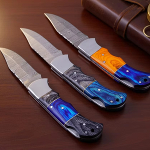 Juego de Cuchillos Plegables de Acero al Carbono Forjado a Mano, Mango de Madera Colorido, Ambidiestro, Multifuncional, 3 Piezas, para Campamento al Aire Libre - Product Image 1