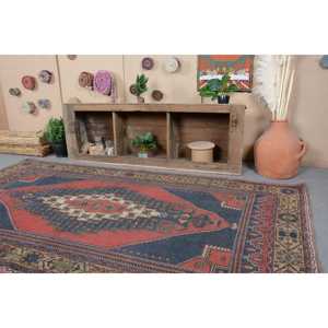 Turkish Vintage <b>Wool</b> Rug 5.1x9.5 ft (156x290 Cm) Patchwork <b>Red</b> Blue Plants & Trees Design with Latex Backing - Product Image 2