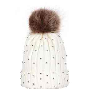 Bonnet d'hiver chaud de qualité supérieure, vente chaude, pour nouveau-nés, enfants, bébés, fait à la main, rayé, avec strass, bonnet bon marché pour filles, avec pompon en fourrure - Product Image 3
