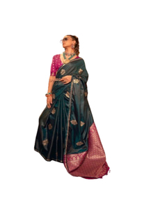 Saree de seda Banarasi suave de calidad superior para adultos Pure Silver Zari Heavy Pallu Zari Woven Border Estilo formal para fiestas - Product Image 1