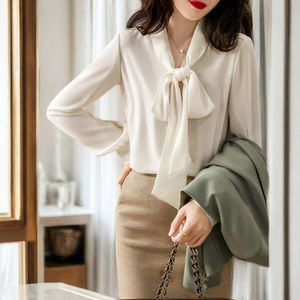 Women's Casual Shirt Elegant Bow <b>Tie</b> <b>Neck</b> Long Sleeve Button Cuff Chiffon Blouse Collar Summer Blouses for Women - Product Image 6