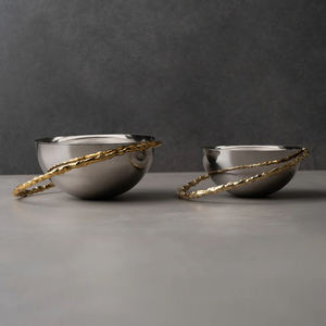 Bol de service rond en aluminium en gros avec poignée en bois de cerf pour la décoration de la table, ensemble de bols de service en métal de 3 pièces - Product Image 4