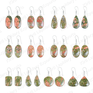 Boucles d'oreilles Unakite faites à la main en laiton plaqué argent, vente en gros, boucles d'oreilles en pierres précieuses, Jaipur Inde, faible MOQ 2 pièces - Product Image 1