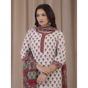 Casual White Red Hand Block Printed Cotton Kurta Pant Set - Product Image 1