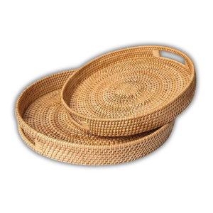 Panier rond en rotin tissé à la main/plateau plateau de service avec poignées fait à la main du Vietnam personnalisable parfait pour la décoration intérieure - Product Image 1