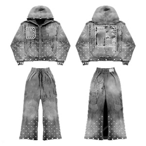 Ensemble de survêtement vintage surdimensionné unisexe personnalisé 2026 avec lavage à l'acide, strass et rivets, comprenant un sweat à capuche court délavé et un pantalon évasé - Product Image 2