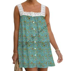Cotton Women Casual <b>Dresses</b> <b>Summer</b> Bohemian Midi Tunic <b>Dress</b> Hand-Printed Beachwear <b>Sleeveless</b> Design <b>Dress</b> Girl's Everyday - Product Image 3