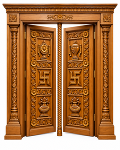Hand Carved Teak <b>Wood</b> Pooja Room Door with Swastik & Kalash Hand Carved <b>Temple</b> Double Door Teak <b>Wood</b> Hindu <b>Temple</b> Door London - Product Image 2