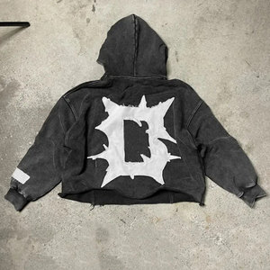 Applique Patch en détresse broderie ourlet brut hiver hommes sweats à capuche soleil délavé bord coupé personnalisé lavage à l'acide polaire 100% coton rapide - Product Image 5