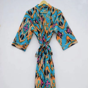 Bata Kimono de Algodón Ikat Turquesa Unisex, Larga, con Cuello en V y Cintura Ajustable, Ligera, para Descansar y Dormir, para Verano y Otoño - Product Image 1