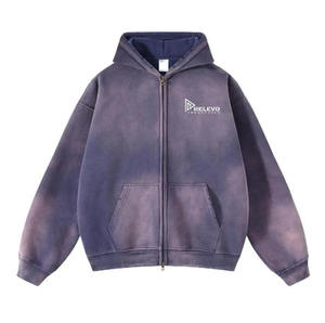 Sudadera con Capucha Personalizada para Hombre, 100% Algodón, Gruesa, Lavada con Ácido, Desgastada, con Doble Cremallera, Estampado Desteñido, Talla XL - Product Image 3