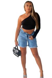 Nouvelle collection été : Jean skinny taille haute streetwear déchiré avec braguette boutonnée en denim uni, personnalisable. - Product Image 4