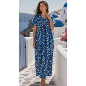 Women's <b>Long</b> Full-Length <b>Maxi</b> Nightgown 100% Pure Rayon Fabric Soft Breathable Smoking Pattern Sleepwear with Pocket Woven Type - Product Image 1