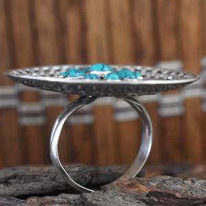 แหวนเทอร์ควอยซ์ลายดอกไม้สีฟ้าวินเทจ925แหวนเงินสเตอร์ลิงเครื่องประดับสำหรับเป็นของขวัญคริสต์มาสของเธอ - Product Image 3