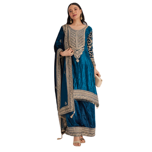 Verde acqua di velluto ricamare vestito Palazzo all'ingrosso donna abbigliamento etnico OEM fabbrica fornitore alla rinfusa Custom Party Wear moda - Product Image 4