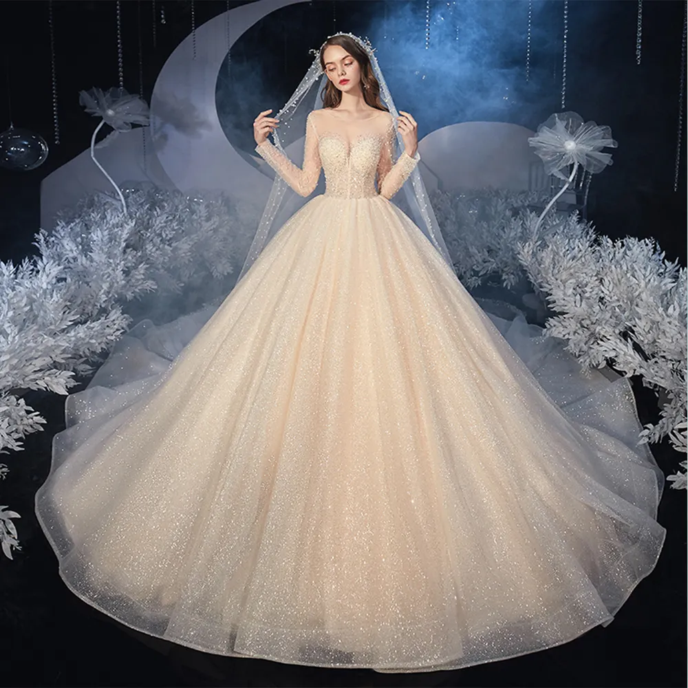 नई आगमन ओ-गर्दन फीता अप वापस लंबी आस्तीन पूर्ण Beading Sequines सुपर चमकदार राजकुमारी गेंद का गाउन शादी की पोशाक