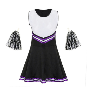 Women Sleeveless Cheerleader Dress With Purple White Trim And Pom Poms Sporty Uniform Above Knee Length - Product Image 1