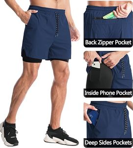 Short de course 2 en 1 pour homme Short d'entraînement de gymnastique à séchage rapide avec poches intérieures et boucle pour serviette Short d'entraînement athlétique léger - Product Image 4