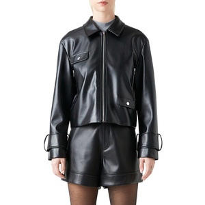 Chaqueta de cuero genuino brillante y suave Cierre de cremallera frontal Cuello de punto Puños con cinturón Chaqueta recortada de cuero para mujer. - Product Image 4