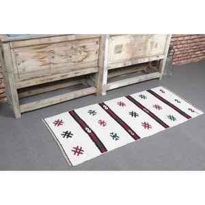 Alfombra Pequeña Vintage de 1.8x4.2 pies, Alfombra Turca Kilim de Lana con Rayas Blancas - Product Image 1