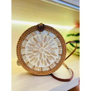 Vintage Mother of Pearl Inlay Round Drum Rattan <b>Bag</b> Handmade Floral Boho Purse for Summer Beach Travel & Premium Gifts - Product Image 4