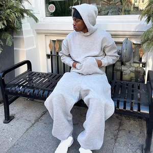 Set Tuta Personalizzata Oversize Due Pezzi in Tessuto Pesante <span class=keywords><strong>con</strong></span> Felpa Pullover <span class=keywords><strong>con</strong></span> <span class=keywords><strong>Cappuccio</strong></span> e Pantaloni Larghi a Gamba Ampia - Product Image 1