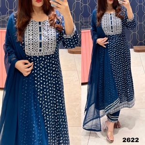 Les femmes ethniques traditionnelles indiennes portent un costume de designer tissu en mousseline de soie meilleure vente prix de gros nouvelle dernière broderie au look riche - Product Image 4