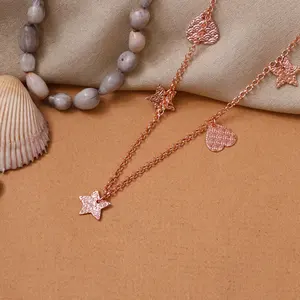 Collier avec pendentif en forme d'étoile et de cœur plaqué or rose, chaîne délicate, motif goutte d'eau, bohème, acier inoxydable, pierre naturelle pour femmes - Product Image 2